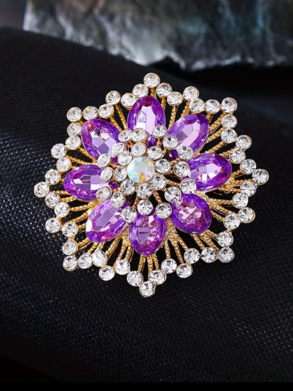 Purple Crystal Flower Brooch Pin - Gold Tone